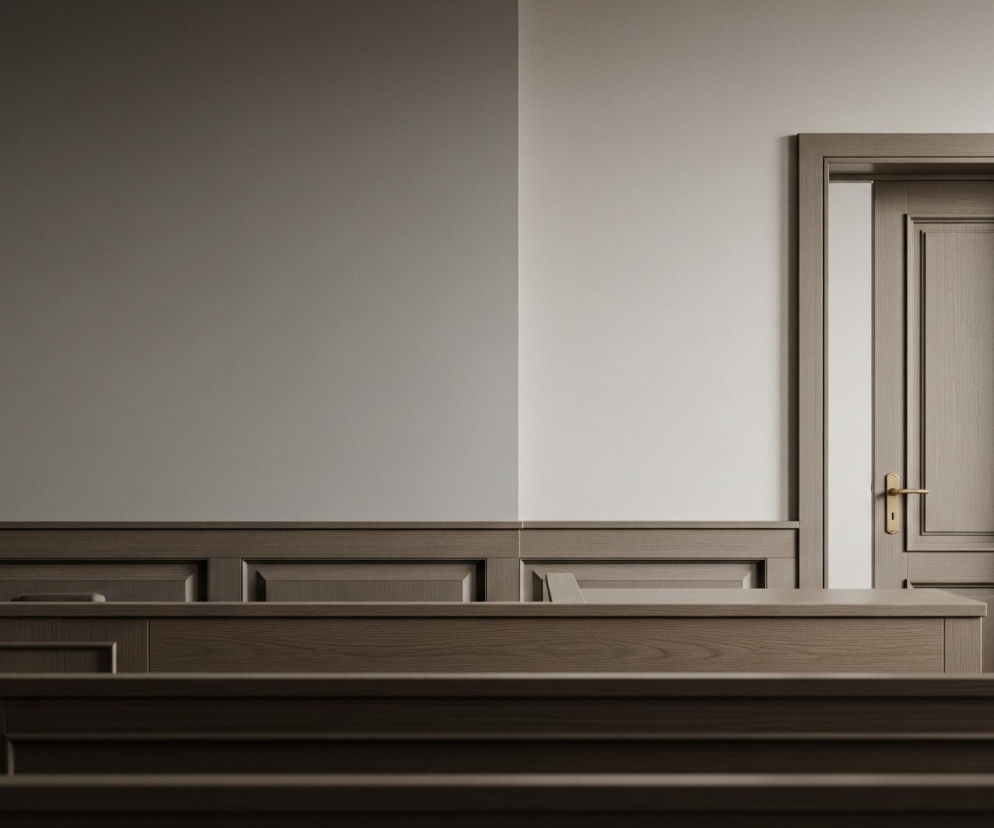 Wnętrze pomieszczenia z elementami drewnianej zabudowy. Na pierwszym planie widoczne są brązowe, drewniane ławy z rzeźbionymi detalami, o różnych wysokościach, rozciągające się przez całą szerokość kadru. Ściany powyżej zabudowy są podzielone na dwie części: lewa strona ma ciemniejszy, szarobrązowy odcień, a prawa jest jasnoszara, prawie biała. Na prawej ścianie, od podłogi aż do górnej krawędzi kadru, znajduje się drewniane drzwi w podobnym kolorze co ławy, z prostym, złotym klamką.