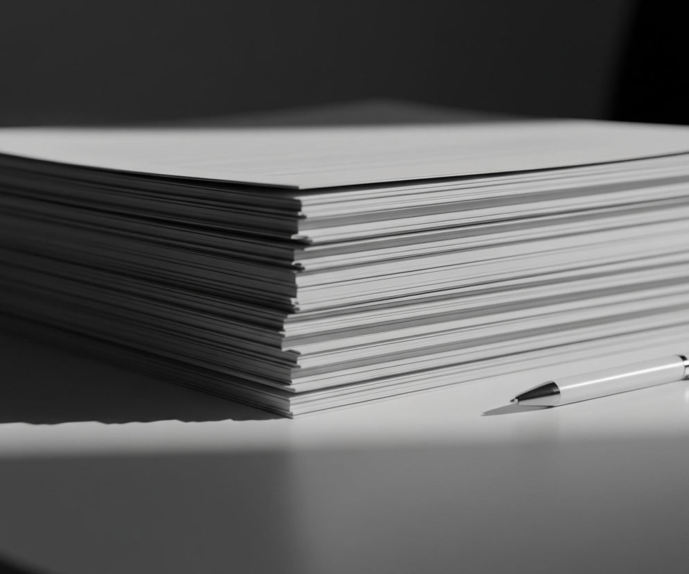 Na blacie stołu leży stos białego papieru, równo ułożonego, tworzącego gruby, prostokątny blok. Obok stosu, po prawej stronie, leży biały długopis z metalową końcówką i klipsem, rzucając delikatny cień na powierzchnię blatu. Światło padające z lewej strony tworzy wyraźny cień pod papierem oraz długopisem, dzieląc przestrzeń na jasne i ciemne obszary. Tło jest ciemne i rozmyte, zlewające się z cieniami, co sprawia, że stos papieru i długopis są głównymi, wyraźnie widocznymi obiektami.