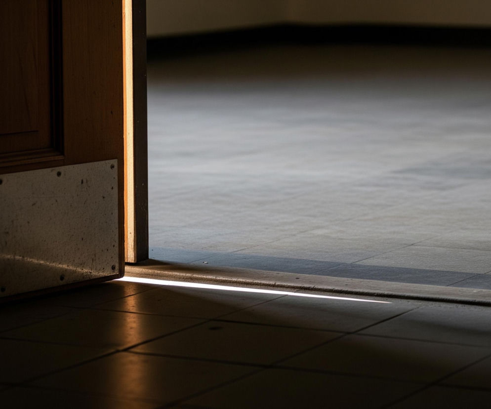 Częściowo otwarte, ciemnobrązowe drzwi z elementem metalowej osłony u dołu widoczne są po lewej stronie kadru. Przez powstałą szczelinę wpada wąska smuga jasnego światła, oświetlająca fragment podłogi z brązowych płytek. Dalej, przez otwarte drzwi, widać kolejną przestrzeń z jasnoszarą podłogą i niewyraźną, ciemniejszą ścianą w tle.