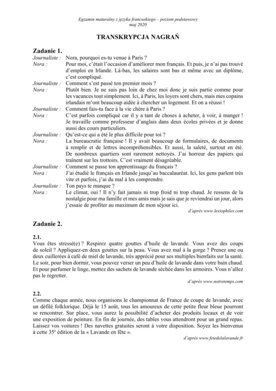 Matura 2020 ARKUSZE CKE: j. francuski p. podstawowy
