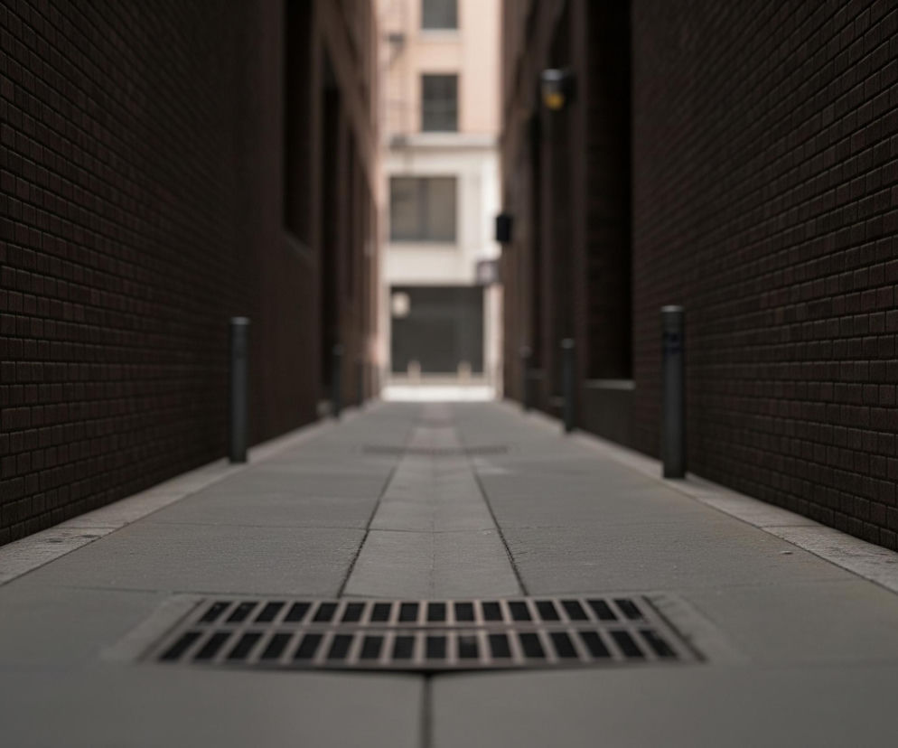 Wąskie, ciemne przejście między budynkami jest widoczne z perspektywy niskiego poziomu. Po obu stronach biegną ceglane ściany w odcieniach ciemnego brązu, które zwężają się w oddali, tworząc tunel. Na ziemi znajduje się betonowy chodnik z widoczną kratką odpływową na pierwszym planie pośrodku. W tle, w oddali, widać niewyraźnie jasne fragmenty budynków z oknami.