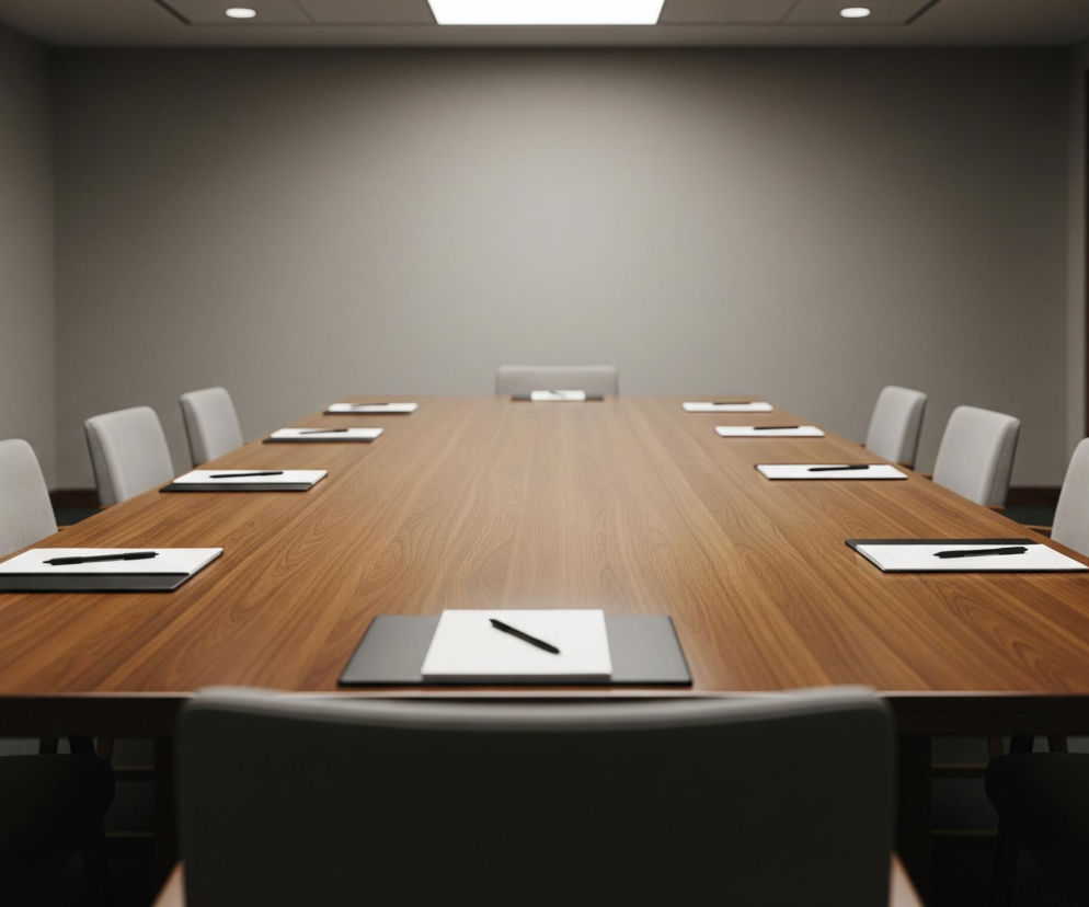 Długi, prostokątny stół konferencyjny z jasnego drewna, otoczony krzesłami z szarym, materiałowym obiciem, dominuje centralną część pomieszczenia. Na stole, co kilka miejsc, leżą czarne podkładki z białymi kartkami i pojedynczymi, czarnymi długopisami. Pomieszczenie ma gładkie, jasnoszare ściany, a na jednej z nich widoczne są brązowe drzwi z klamką oraz białe włączniki światła. Sufit jest również jasny, z wbudowanym oświetleniem w postaci kwadratowej lampy i dwóch okrągłych punktów świetlnych, rzucając delikatne światło na przestrzeń.