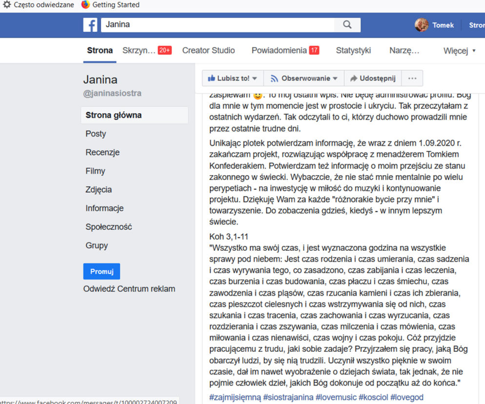 Wokalistka S. Janina odchodzi z zakonu