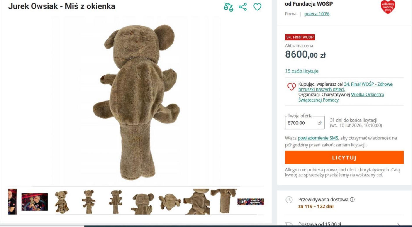 Kultowy miś z dobranocki z PRL-u na licytacji WOŚP. Cena już jest zawrotna
