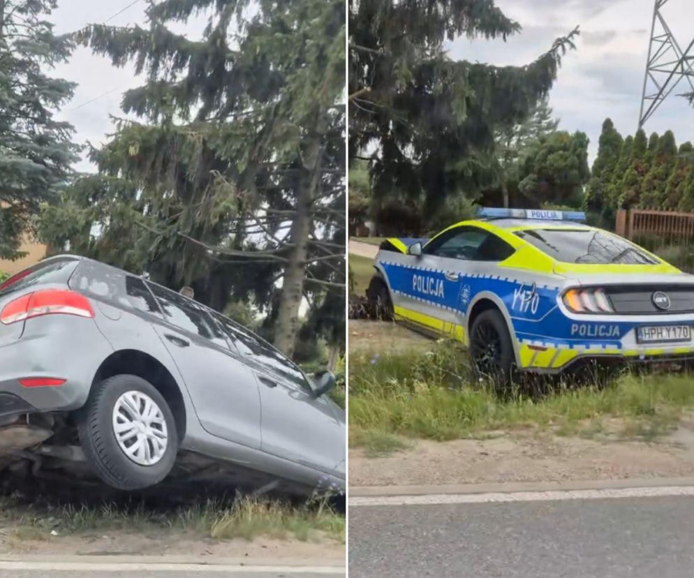 Rozbity radiowóz policyjny. Mustang wcześniej odebrany pijanemu kierowcy uległ wypadkowi