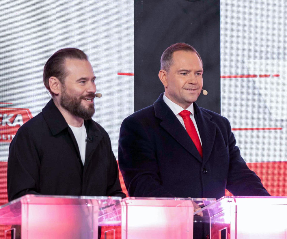 Krzysztof Stanowski i Karol Nawrocki podczas debaty prezydenckiej. O kulisach kampanii przeczytasz w serwisie Eska.