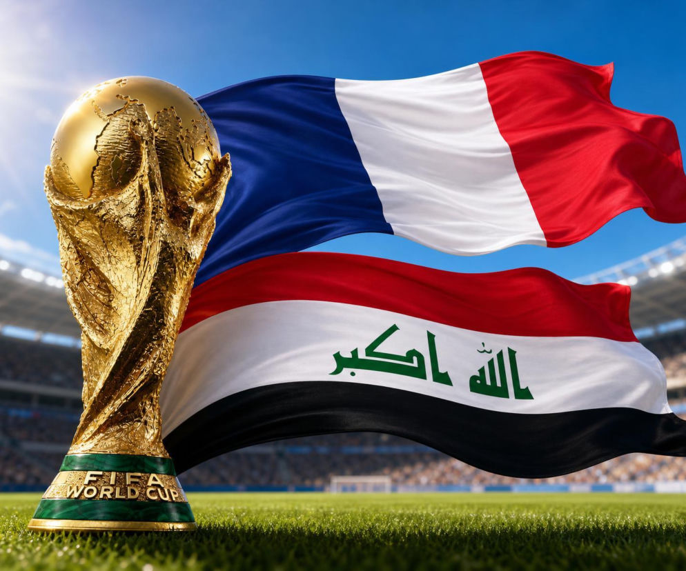 Puchar Świata FIFA na murawie stadionu, z flagami Francji i Iraku powiewającymi w tle. To symboliczne ujęcie rywalizacji tych drużyn na Mundialu, a szczegóły ich meczu można sprawdzić na naszym portalu.