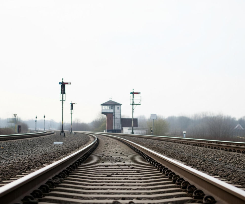 Dwa tory kolejowe z ciemnymi szynami i podkładami, wypełnione tłuczniem, rozciągają się w głąb obrazu, zbiegając się w kierunku odległego, jasnoszarego nieba. Po prawej stronie w oddali widoczna jest brązowo-biała wieża kontrolna z dachem, otoczona przez nagie drzewa i krzewy. Wzdłuż torów stoją dwa wysokie, ciemne sygnalizatory kolejowe z czerwonymi światłami, a krajobraz w tle jest zamglony i szarawy.