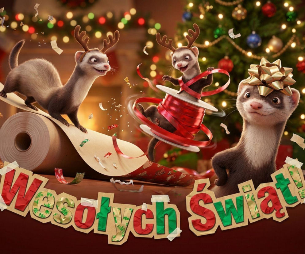 Świąteczne fretki pakujące prezenty