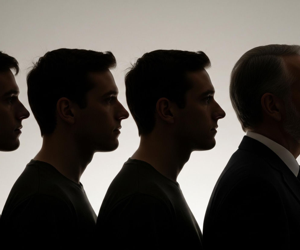 Rząd czterech sylwetek męskich twarzy zwróconych profilem w prawo wypełnia szerokość kadru. Trzy sylwetki po lewej stronie przedstawiają młodego mężczyznę z ciemnymi włosami, ubrane w ciemne koszulki. Czwarta, najbardziej wysunięta na prawo, to mężczyzna w średnim wieku z siwymi włosami i brodą, ubrany w garnitur z krawatem, z białą koszulą. Tło jest jednolicie jasnoszare, niemal białe, tworząc kontrast z ciemnymi sylwetkami.
