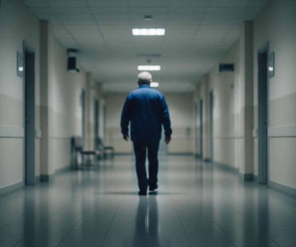Mężczyzna z tyłu, ubrany w ciemnoniebieską bluzę i ciemne spodnie, idzie środkiem długiego korytarza. Ściany korytarza są jasne, dwukolorowe, z ciemniejszym odcieniem u góry i jaśniejszym na dole, oddzielonym poziomą listwą, a po obu stronach widać równomiernie rozmieszczone drzwi. Na suficie znajdują się jasne, prostokątne oprawy oświetleniowe, które rzucają światło wzdłuż korytarza, tworząc odblaski na błyszczącej, kafelkowanej podłodze. W oddali po lewej stronie widać kilka krzeseł, a cały korytarz staje się coraz ciemniejszy w miarę oddalania się od punktu widzenia.