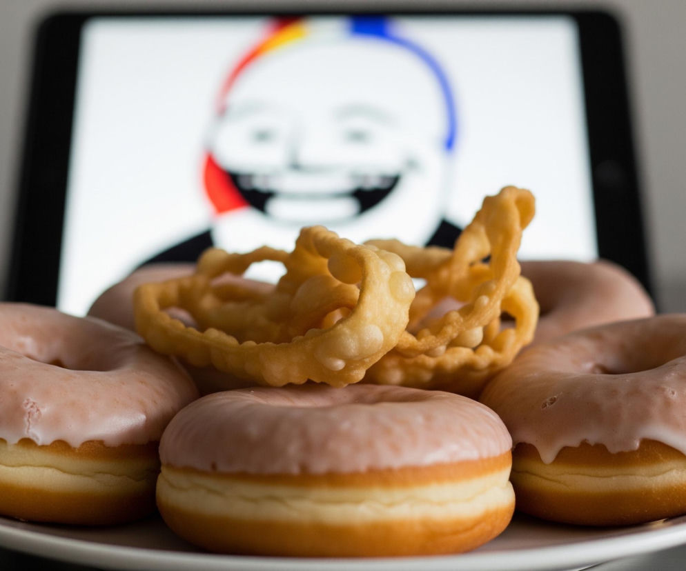 Na białym talerzu leży kilka pączków z różowym lukrem oraz jedna, nieregularna, jasnobrązowa słodkość o spiralnym kształcie, umieszczona na wierzchu pączków. W tle, na czarnym ekranie tabletu, widoczna jest rozmazana twarz uśmiechniętej postaci w stylu mema, z wyraźnymi czerwonymi, żółtymi i niebieskimi akcentami na górze głowy. Całość oświetlona jest od frontu, tworząc delikatne cienie na jasnoszarym tle.