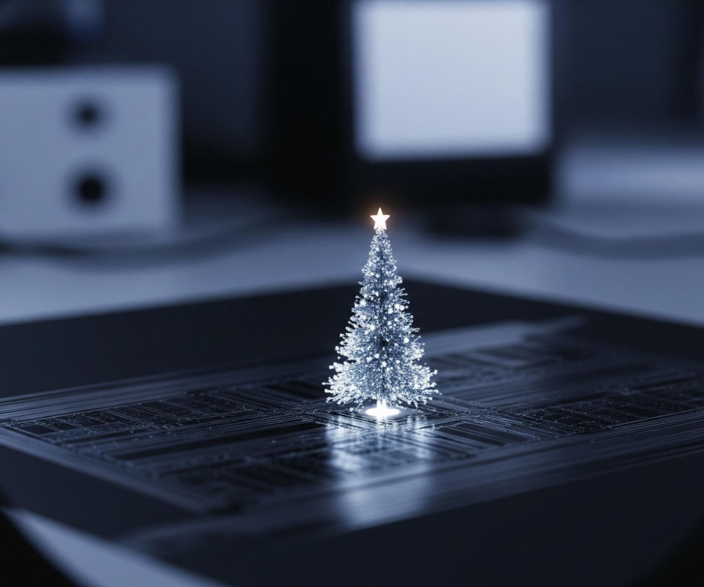 Centralnie w kadrze znajduje się miniaturowa, stożkowata choinka, udekorowana licznymi, drobnymi, białymi światełkami. Na jej szczycie świeci jasnożółta, pięcioramienna gwiazda. Choinka stoi na ciemnej, błyszczącej powierzchni, przypominającej płytę główną lub układ scalony, z widocznymi delikatnymi, srebrzystymi ścieżkami i elementami. Całość otoczona jest ciemną, rozmytą ramką, co tworzy efekt patrzenia przez okular lub lornetkę. W tle, poza choinką, widoczne są niewyraźne, rozmazane kształty jasnych obiektów w odcieniach szarości i błękitu.