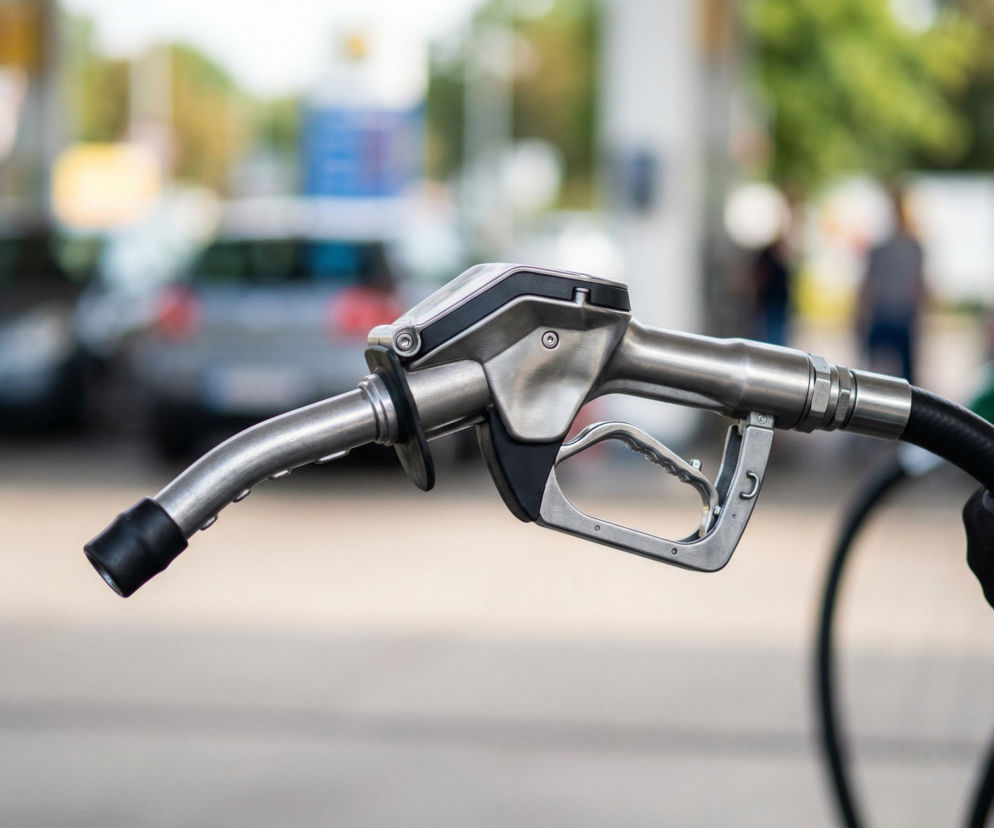 Metalowy pistolet dystrybutora paliwa z czarną gumową osłoną na stacji benzynowej. W tle rozmazane sylwetki samochodów i ludzi. Informacje o cenach paliw i analizy rynku znajdziesz na Super Biznes.
