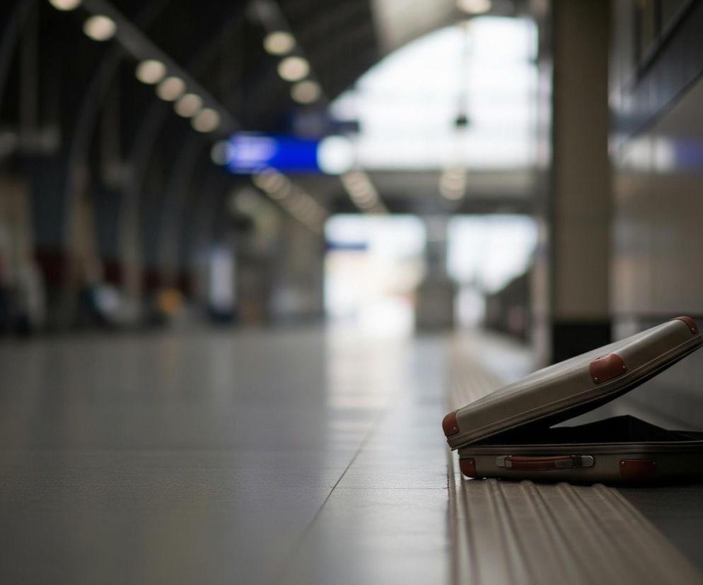Na pierwszym planie, po prawej stronie obrazu, leży otwarta walizka podręczna w jasnoszarym kolorze z brązowymi akcentami na rogach i uchwycie. Walizka spoczywa na ciemnoszarej, prążkowanej nawierzchni, która stanowi element podłogi peronu. Tło jest rozmyte, ukazując długi korytarz lub peron stacji kolejowej z rzędami siedzeń po lewej stronie i niebieskim, niewyraźnym znakiem w oddali. Architektura wnętrza charakteryzuje się łukowatymi elementami i jasnymi punktami świetlnymi na suficie.