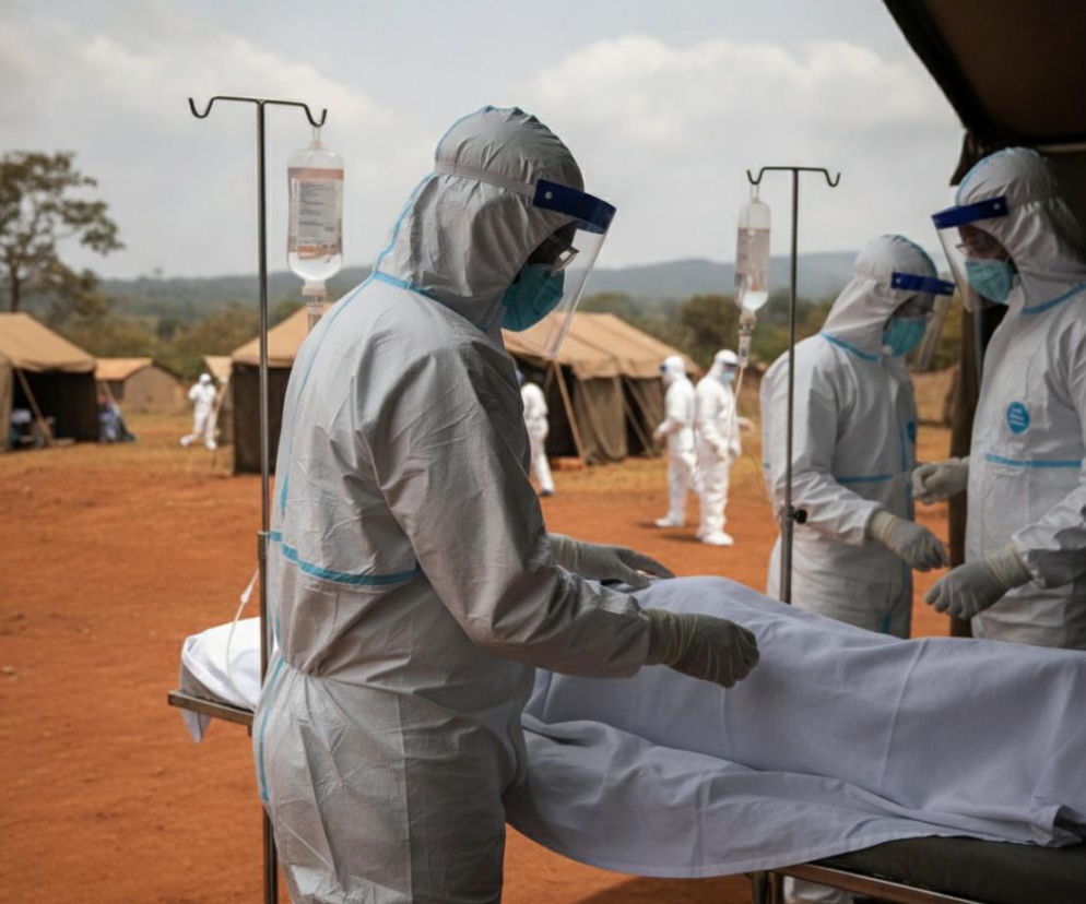 Medycy w kombinezonach ochronnych przy pacjencie w obozie medycznym. O epidemii eboli w DRK przeczytasz na Poradnik Zdrowie.