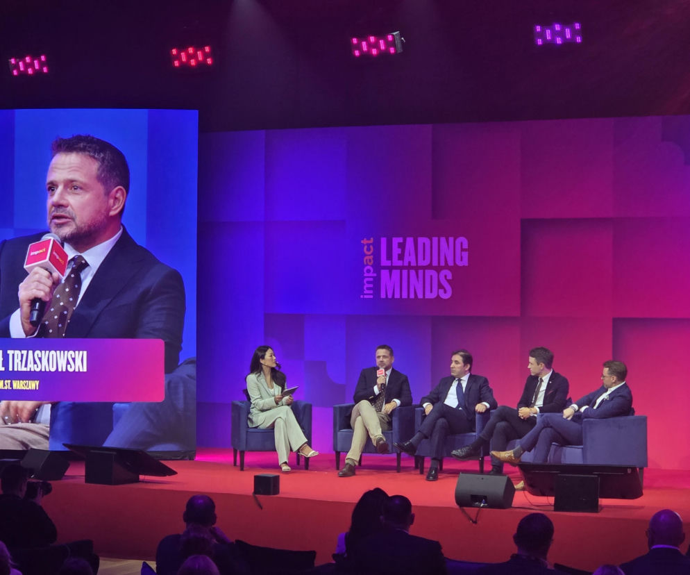Rafał Trzaskowski podczas debaty na scenie Impact Leading Minds. O bezpieczeństwie w SE.