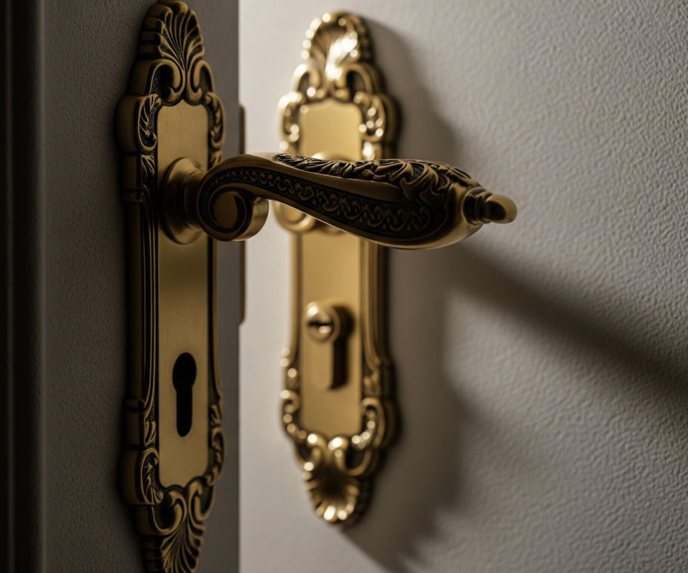Dwie ozdobne, złote klamki, każda z dekoracyjnym szyldem z misternym wzorem liściastym, zamontowane są na jasnoszarych drzwiach. Klamka po lewej stronie jest bliżej i ostrzejsza, z widoczną czarną dziurką od klucza. Druga klamka, po prawej, jest nieco rozmyta i odbija światło, rzucając wydłużony cień na ścianę z delikatną fakturą.