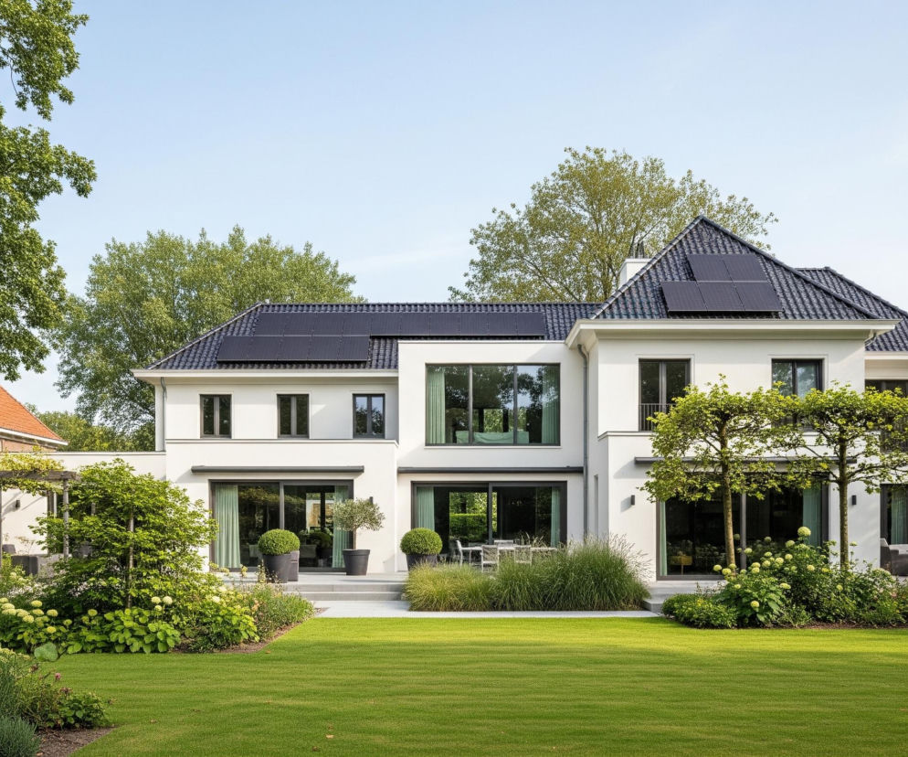 Duży, nowoczesny dom w kolorze białym, otoczony zadbanym ogrodem. Dom posiada dwuspadowy, ciemnoszary dach pokryty dachówkami, na którym zamontowano szereg czarnych paneli słonecznych. Fasada domu jest biała z licznymi dużymi, ciemnymi oknami i drzwiami tarasowymi, z których część jest zasłonięta jasnymi zasłonami, a przed niektórymi oknami na parterze widać białe meble tarasowe.

Przed domem rozciąga się równo przystrzyżony, intensywnie zielony trawnik, otoczony bujną roślinnością. Po lewej stronie trawnika rosną duże krzewy z białymi, kulistymi kwiatami, a także mniejsze, zielone rośliny. Z prawej strony trawnika widać podłużne, smukłe trawy oraz drzewa o przyciętych koronach. W tle po lewej stronie obrazu widać fragmenty innego budynku z ceglanym dachem, a także rozłożyste zielone drzewa, które częściowo zakrywają błękitne niebo.