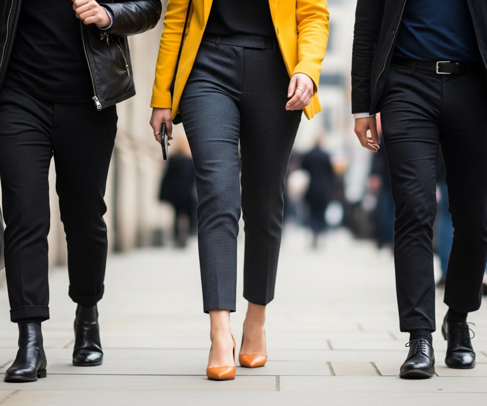 Trzy osoby idą chodnikiem. Centralna postać nosi żółtą marynarkę, ciemne spodnie w drobną kratkę i pomarańczowe szpilki, trzymając telefon w prawej dłoni. Po jej lewej stronie idzie osoba w czarnej kurtce skórzanej, czarnych spodniach z podwiniętymi nogawkami i czarnych botkach, niosąc czarną torbę. Po prawej stronie widoczna jest osoba w ciemnym garniturze, granatowej koszuli i czarnych butach wizytowych, z widocznym srebrnym zegarkiem na lewym nadgarstku. Tło jest rozmyte, ukazując fragmenty kamiennej architektury i innych przechodniów.