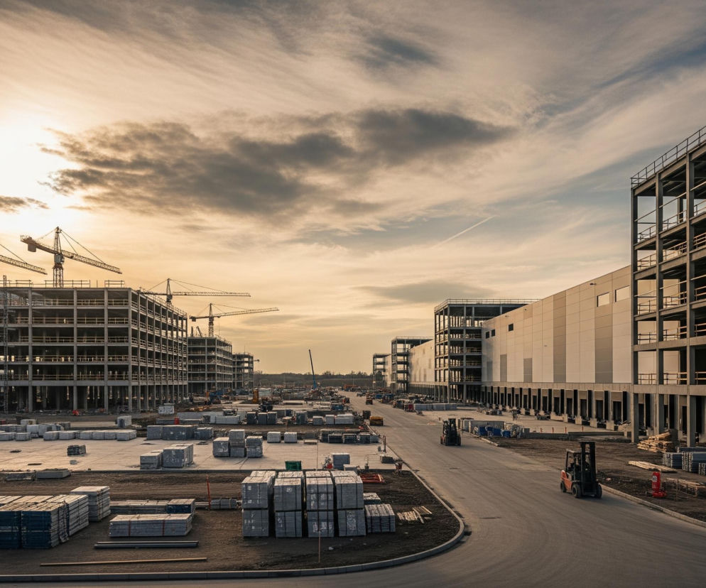 Rozległy plac budowy, oświetlony blaskiem zachodzącego słońca, dominuje nad obrazem. Po lewej stronie widać cztery budynki w fazie konstrukcji, z których dwa największe posiadają liczne żurawie wieżowe, a ich betonowe szkielety z rusztowaniami są dobrze widoczne. Po prawej stronie znajdują się częściowo wykończone budynki magazynowe, z widocznymi rzędami bram załadunkowych i betonowymi konstrukcjami. Pomiędzy budynkami, na rozległym, nieutwardzonym terenie, rozłożone są stosy materiałów budowlanych oraz dwie pomarańczowo-czarne ładowarki widłowe poruszające się po utwardzonej drodze wijącej się przez środek placu. Niebo nad całością jest częściowo zachmurzone, z wyraźnym światłem słońca po lewej stronie, rzucającym ciepły, złoty odcień na scenę.