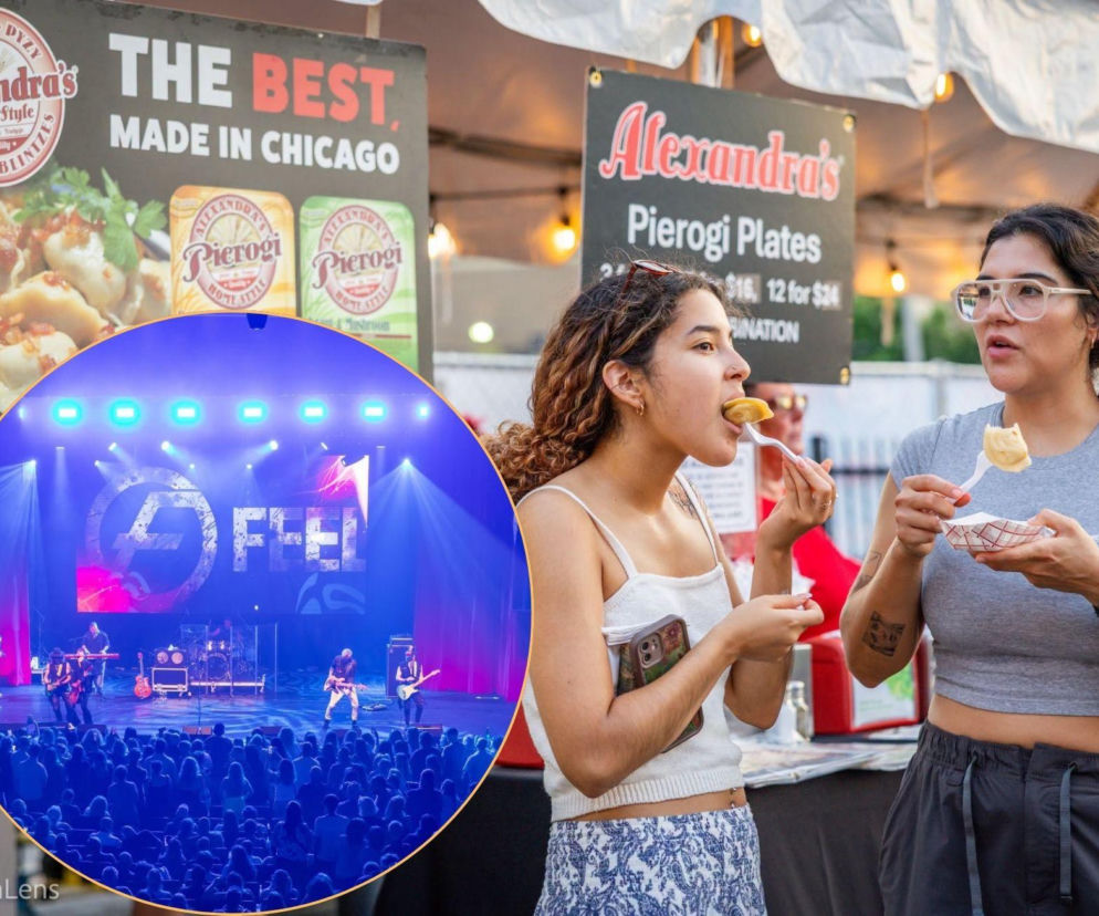 Dwie młode kobiety jedzą pierogi na festiwalu w Chicago. Na miniaturze obok koncert zespołu Feel. Czytaj w SE USA.