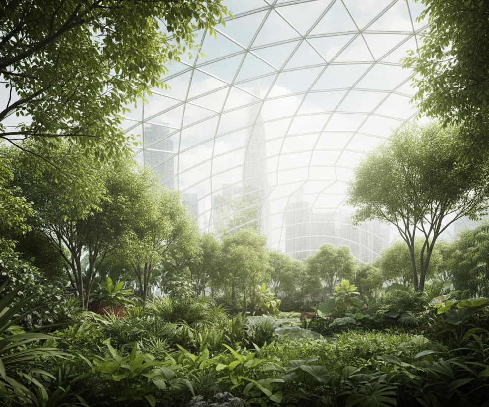 Rozległy, bujny las tropikalny wypełnia przestrzeń pod przezroczystym, kratownicowym dachem ze szkła lub pleksiglasu. W oddali, za przeszkloną kopułą, widoczne są zarysy wysokich budynków miejskich, lekko zamglone. Gęsta roślinność, składająca się z drzew o różnej wysokości, krzewów i liściastych roślin runa, dominuje w kadrze, głównie w odcieniach intensywnej zieleni. Światło słoneczne przenika przez dach, tworząc jasne plamy i podkreślając teksturę liści oraz pni drzew.