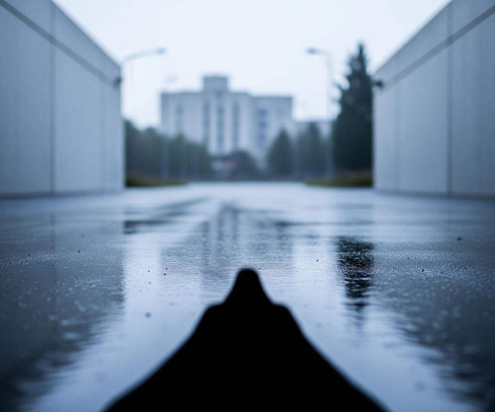 Na pierwszym planie, u dołu obrazu, widoczna jest czarna, niewyraźna sylwetka, kształtem przypominająca krawędź kaptura lub płaszcza, zwrócona w głąb kadru. Przed nią rozciąga się mokra, ciemna nawierzchnia, prawdopodobnie asfalt, z licznymi kałużami i odbiciami światła, tworzącymi fale i zmarszczki na powierzchni wody. Po obu stronach, w oddali, znajdują się wysokie, jasnoszare budynki o prostych, geometrycznych kształtach, tworzące rodzaj korytarza. W tle, za budynkami, widać zamazane kontury drzew i kolejnych budynków, a niebo jest jasne i zachmurzone. Cały obraz utrzymany jest w zimnych odcieniach szarości i błękitu, z dominacją ciemnych tonów na pierwszym planie i stopniowo rozjaśniającym się tłem.