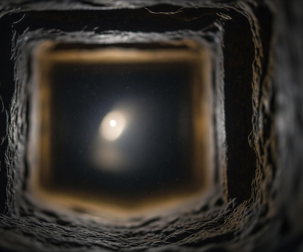 W głębi ciemnego tunelu o chropowatych, skalistych ścianach, widać oddalony, jasny punkt światła. Światło tworzy owalną poświatę, która rozjaśnia centralną, kwadratową przestrzeń tunelu, otoczoną ciemniejszymi, zamazanymi brzegami. Drobne, jasne cząsteczki, przypominające pył lub kurz, unoszą się w świetlistej aurze, dodając głębi obrazowi. Ściany tunelu, widoczne w bliższym planie, charakteryzują się wyraźną, nieregularną teksturą i cieniowaniem, co potęguje wrażenie ciemności i surowości otoczenia.