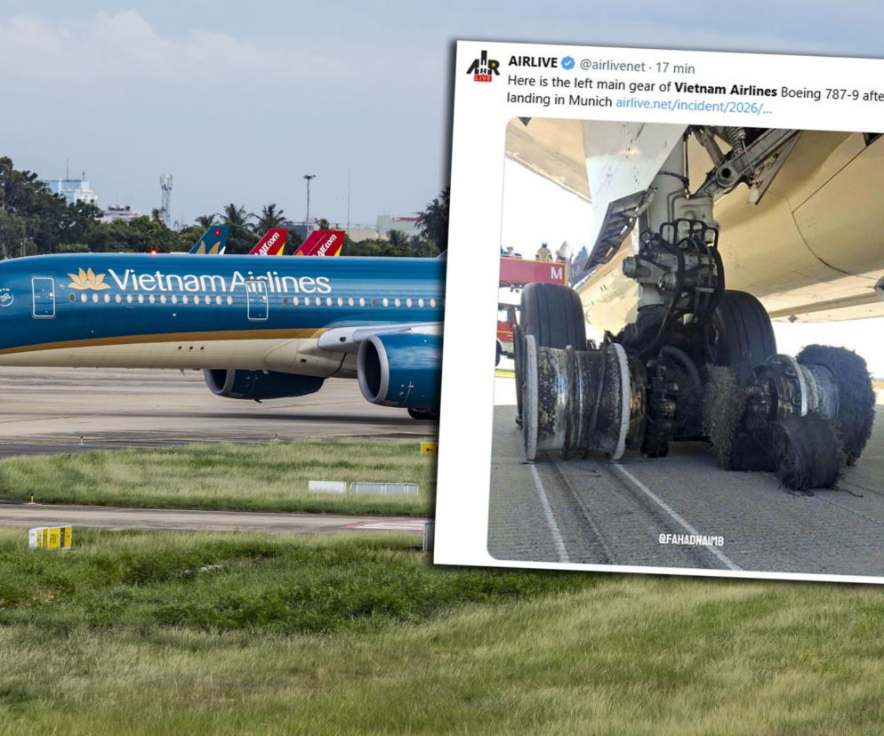 Samolot Vietnam Airlines na pasie. Obok miniatura ze zniszczonym podwoziem. O incydencie w Monachium przeczytasz na SE.