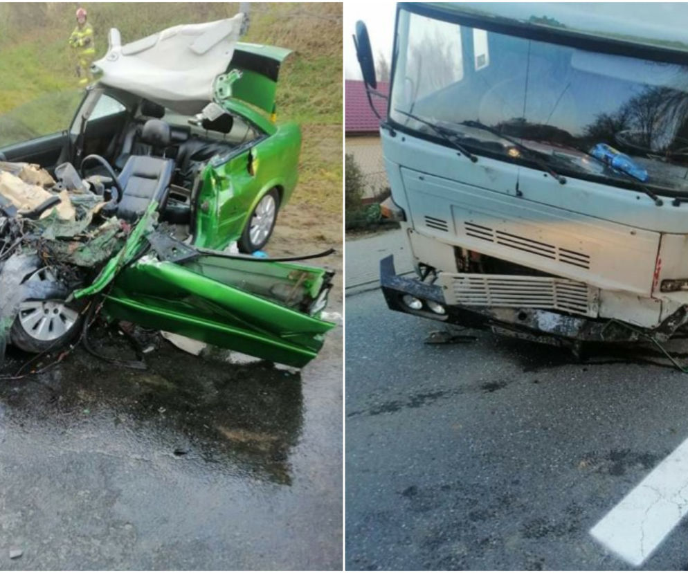 Koszmarny wypadek w Małkowie! Ciężarówka zmiażdżyła opla. Śmigłowiec zabrał 19-latka [ZDJĘCIA]