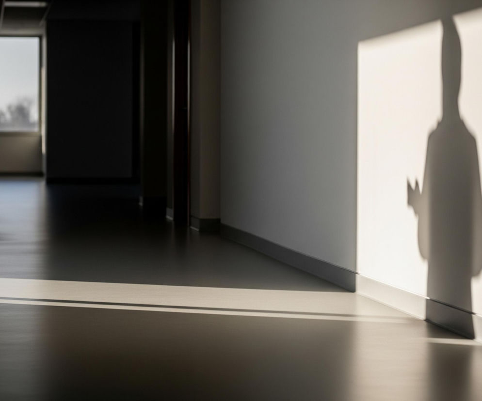 Na białej ścianie po prawej stronie pada cień osoby, wyraźnie zarysowany od ramion w górę, w ręku trzymającej jakiś przedmiot. Światło słoneczne tworzy również pasy jasności na ciemnej podłodze korytarza oraz oświetla fragment ściany po lewej. W tle widoczne jest duże okno z jasnym widokiem na zewnątrz, podczas gdy reszta korytarza tonie w półmroku.