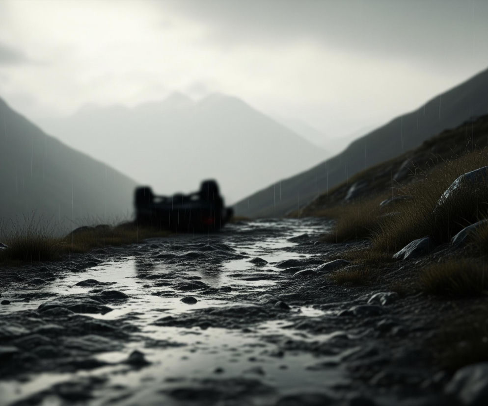 Kamienista, błotnista droga, pokryta kałużami, biegnie przez centrum kadru, delikatnie wznosząc się w głąb obrazu. Po obu stronach drogi widać kępy suchej, żółtawo-brązowej trawy i szare kamienie. W tle, na wzniesieniu, leży przewrócony ciemny pojazd z widocznym zarysem kół, jego obraz jest rozmyty. Krajobraz otoczony jest wysokimi, zalesionymi zboczami górskimi, a niebo jest zachmurzone i szare, widać pionowe smugi deszczu.