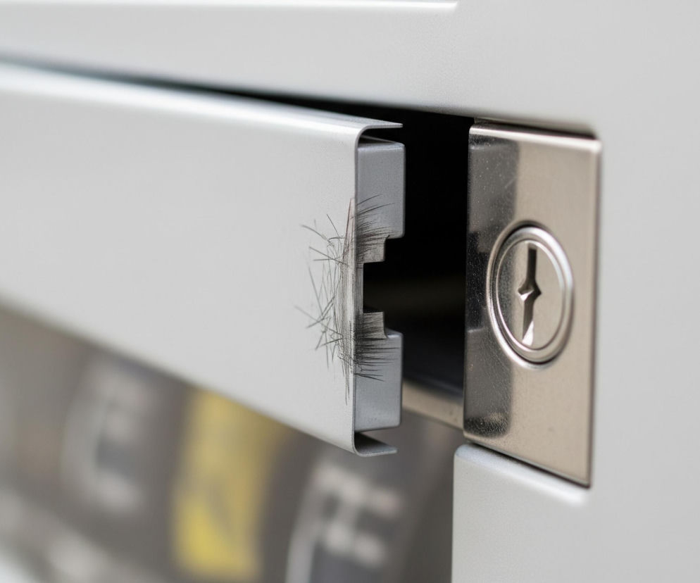 Na pierwszym planie widoczny jest fragment szarego, metalowego panelu, który jest lekko otwarty, tworząc szczelinę. Po lewej stronie panelu znajdują się liczne, wyraźne zadrapania w postaci cienkich, czarnych linii. Obok otwartego panelu, po prawej stronie, widać srebrny, metalowy zamek z okrągłym otworem na klucz, w którym znajduje się metalowy trzpień z nacięciem przypominającym znak plusa. Tło jest rozmyte, z widocznymi jasnymi i ciemnymi obszarami.