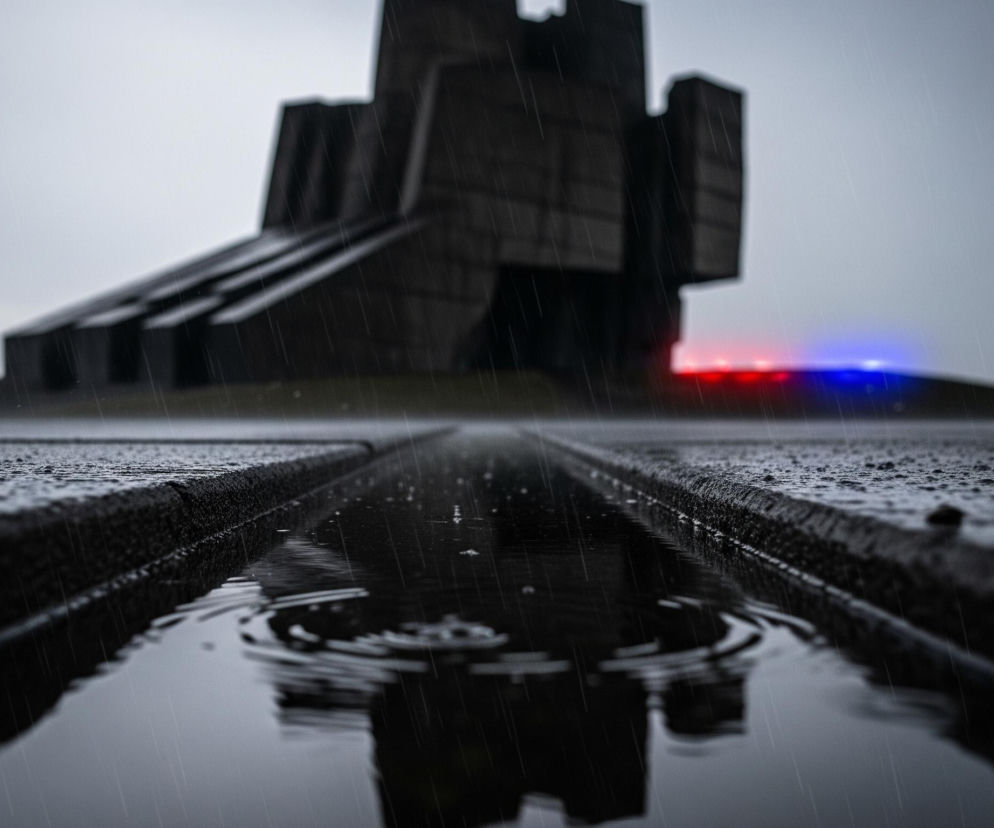 Szare, deszczowe niebo rozciąga się nad szerokim, mokrym placem, gdzie smugi deszczu są widoczne w powietrzu. Na pierwszym planie, w centralnej części obrazu, znajduje się podłużna kałuża wody w zagłębieniu betonowej nawierzchni, z widocznymi kręgami na jej powierzchni, świadczącymi o spadających kroplach deszczu. W oddali, pośrodku obrazu, majestatyczna, ciemna, kubistyczna budowla wyłania się zza horyzontu, a jej rzeźbiarskie, kanciaste formy odbijają się w kałuży. Po prawej stronie, u podstawy budowli, widoczne są rozmyte, pulsujące światła, w tym czerwone i niebieskie.