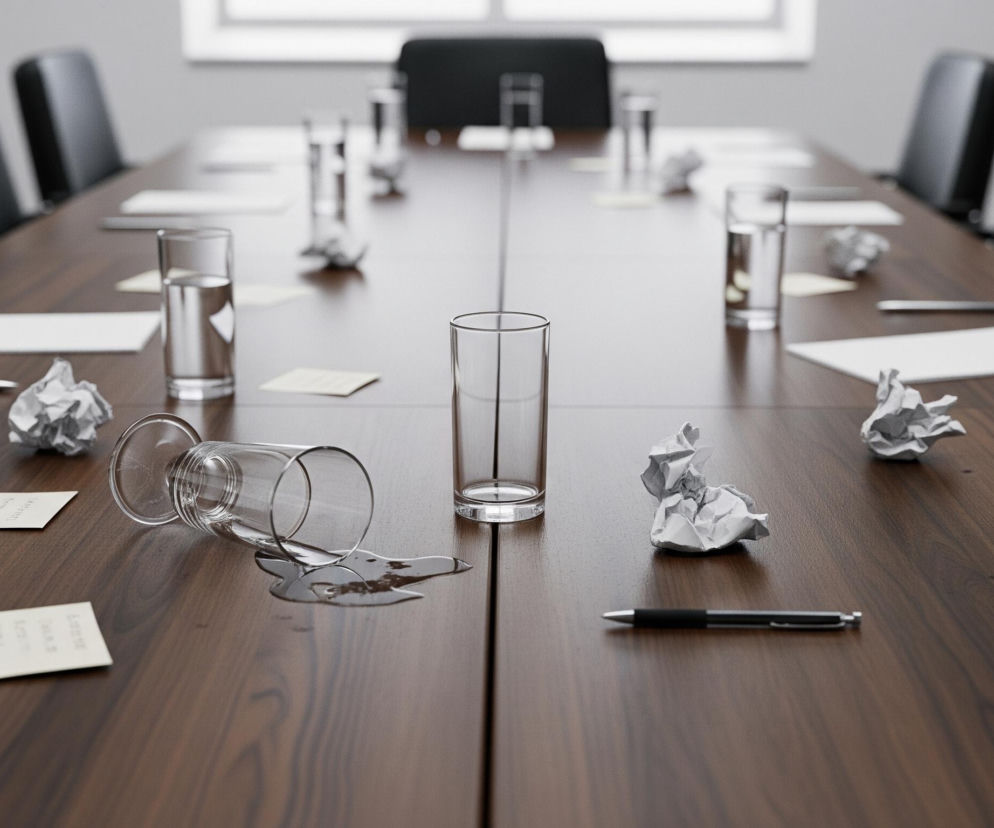 Długi, ciemnobrązowy stół konferencyjny dominuje w kadrze, z rzędem czarnych krzeseł ustawionych po obu stronach. Na stole leży przewrócona szklanka, z której wylała się woda tworząca kałużę, oraz kilka zgniecionych kartek papieru i kilka pojedynczych arkuszy. W tle widoczne są kolejne szklanki, kartki oraz okno z rozmytym światłem dziennym wpadającym do pomieszczenia. Całość sugeruje zakończenie spotkania lub intensywnej pracy.