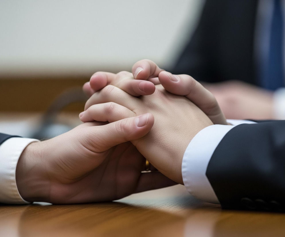 Na pierwszym planie widoczne są splecione dłonie osoby o jasnej karnacji, ubranej w ciemny garnitur z białą koszulą. Dłonie są ułożone na lśniącej, brązowej powierzchni, prawdopodobnie drewnianego stołu. Tło jest rozmyte, z widocznymi zarysami ciemnego garnituru i fragmentu niebieskiego krawata innej osoby siedzącej naprzeciwko.