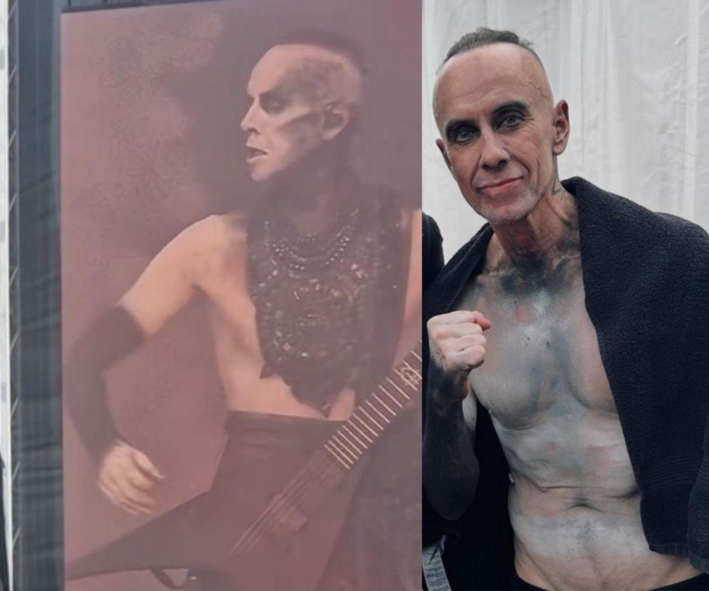 Lider Behemoth, Nergal, w dwóch odsłonach: po lewej w pełnym scenicznym makijażu i stroju z gitarą, po prawej zmywa farbę z twarzy i ciała, owinięty ręcznikiem, uśmiecha się po koncercie na festiwalu Tons of Rock w Oslo. Więcej o jego spotkaniu z Keanu Reevesem przeczytasz na naszym portalu.