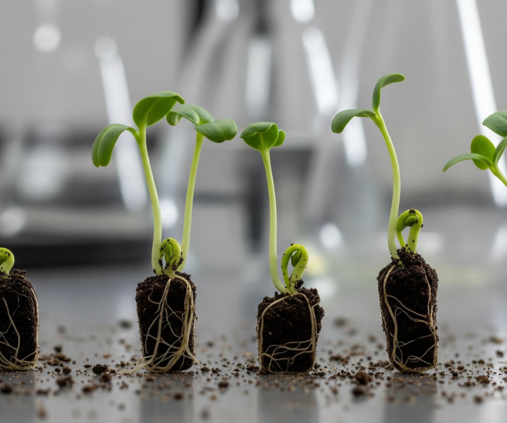Sześć małych, zielonych siewek wyrasta z bryłek ziemi, ułożonych w rzędzie na szarym blacie. Każda siewka ma dwie, młode, zielone liścienie i jasnozieloną łodygę, a ich korzenie są widoczne, owijając się wokół ciemnobrązowej ziemi. Tło jest jasne i rozmyte, ukazując zarysy szklanych naczyń laboratoryjnych.