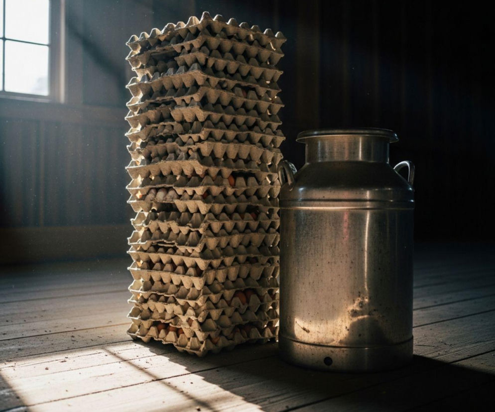 Wysoki stos szarych, tekturowych wytłaczanek z brązowymi jajkami obok metalowej bańki na mleko w drewnianej szopie. Promienie słońca wpadają przez okno, podkreślając cząsteczki kurzu, symbolizując wyzwania i sukcesy polskiego rolnictwa, o czym można przeczytać na Super Biznes.