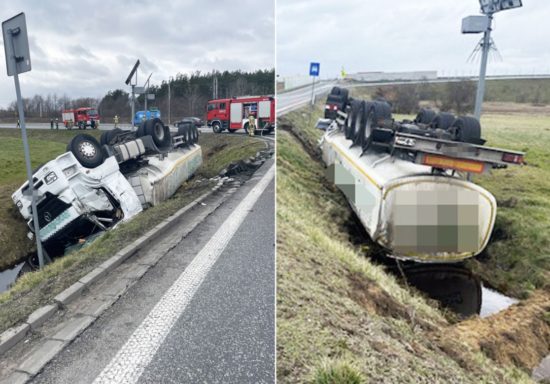 Cysterna roztrzaskała się pod Wyszkowem! Samochód na dachu, pilna akcja służb