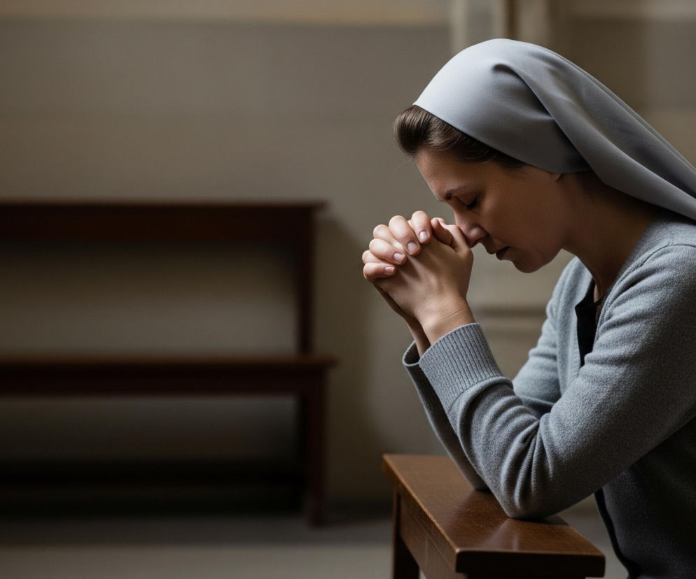 Kobieta w szarej chuście na głowie i szarym kardiganie klęczy, opierając przedramiona na ciemnobrązowej, drewnianej ławce lub klęczniku. Jej ręce są złożone do modlitwy, a oczy zamknięte; głowa jest lekko pochylona w dół. Tło stanowi jasnobrązowa ściana oraz niewyraźne, ciemniejsze, drewniane elementy mebli. Całość utrzymana jest w stonowanych odcieniach szarości i brązu, z dominującym cieniem.