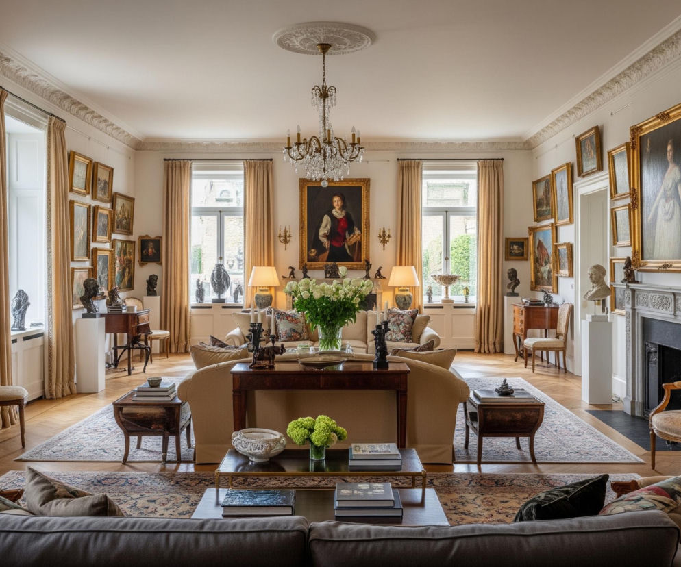 Elegancki, przestronny salon, utrzymany w jasnych, kremowych i beżowych tonacjach, wypełnia się po obu stronach ścianami udekorowanymi licznymi obrazami w złotych ramach, zawieszonymi od podłogi niemal po sam sufit. Centralnie ustawione są dwie duże, beżowe sofy, skierowane do siebie, oddzielone stolikiem kawowym z wazonem białych kwiatów i otoczone ciemnym dywanem z ornamentowym wzorem na parkietowej podłodze. Na środku sufitu wisi kryształowy żyrandol, a pośrodku pomieszczenia, nad jedną z sof, znajduje się duże, oprawione w złotą ramę malowidło przedstawiające postać w czerwono-czarnym stroju.