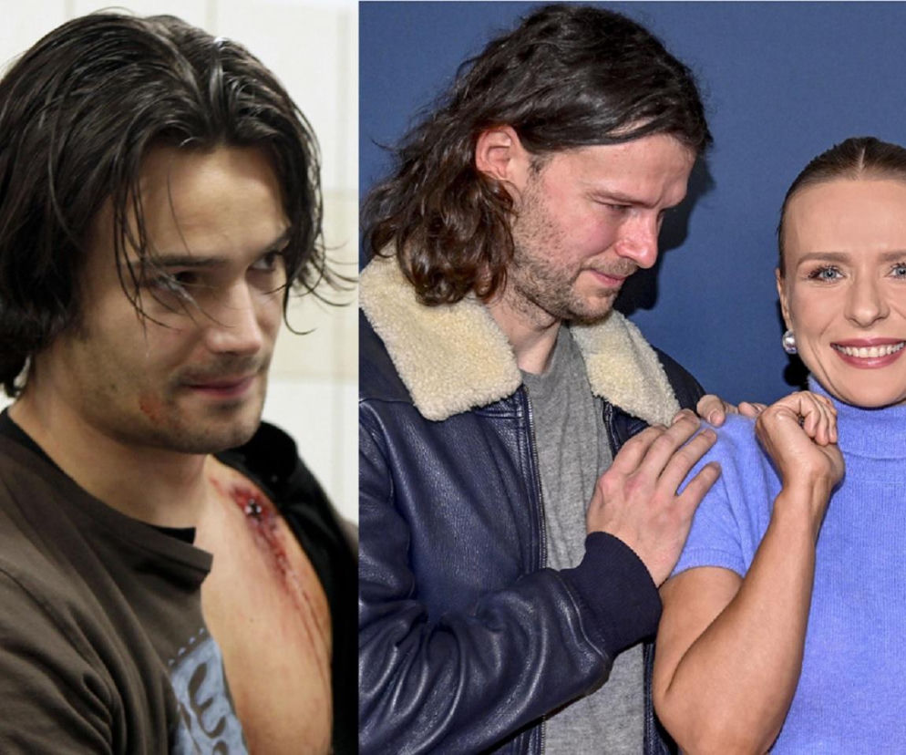 Po lewej Mikołaj Krawczyk w brązowej koszulce z raną na klatce piersiowej, w tle jasne płytki. Po prawej Mateusz Kościukiewicz w granatowej kurtce z kożuchem i szarej koszulce oraz Aneta Zając w jasnoniebieskim golfie, oboje uśmiechnięci na tle niebieskiej ściany. Aktorzy z serialu Pierwsza miłość, o ich losach dowiesz się więcej na stronie Super Seriale.