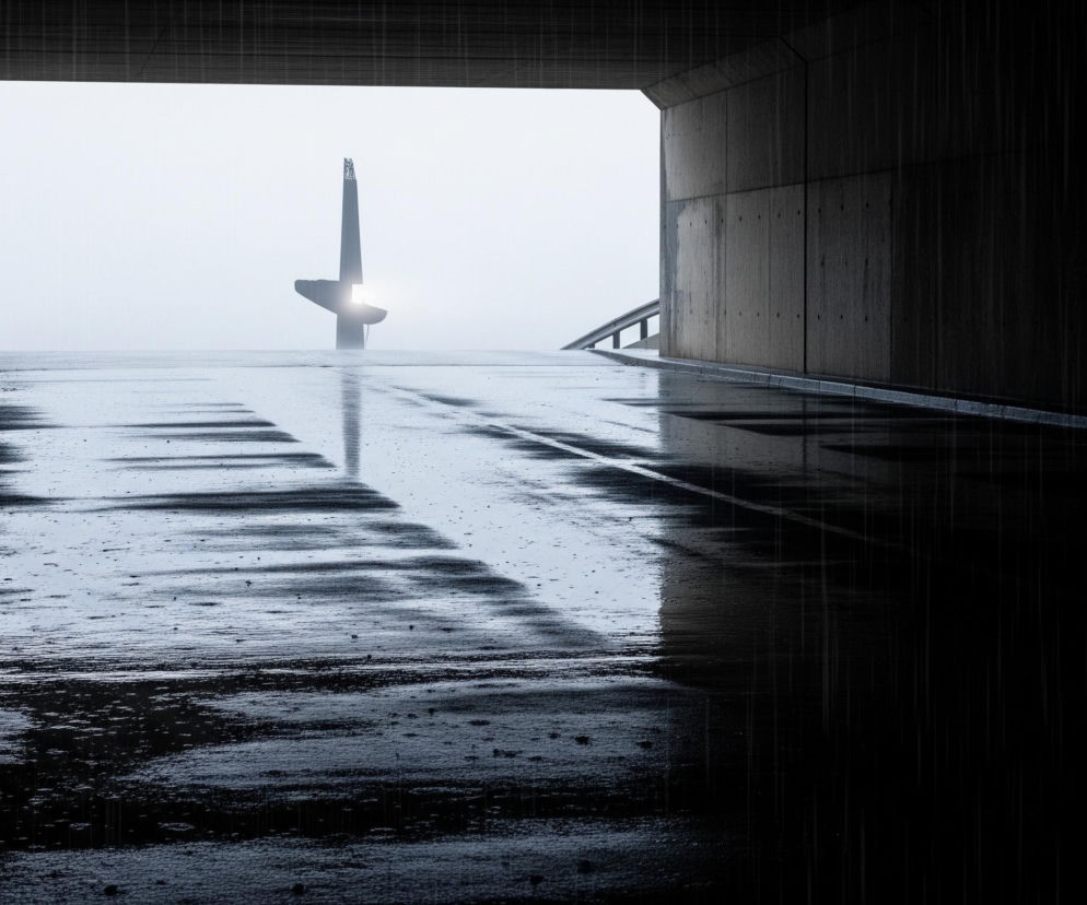 Ciemne, betonowe przejście lub tunel, otwierający się na jasną, zamgloną przestrzeń. Pośrodku jasnego obszaru, w oddali, stoi wysoki, ciemny obiekt o nieregularnym kształcie, przypominający monument lub rzeźbę, z wyraźnym jasnym punktem światła pośrodku. Deszcz intensywnie pada, tworząc smugi na całej powierzchni obrazu i mokrą, odbijającą światło powierzchnię ziemi w przejściu. Betonowe ściany tunelu po obu stronach są ciemne i wilgotne, co kontrastuje z jasnym, mglistym tłem i nadaje scenie surowy i tajemniczy charakter.