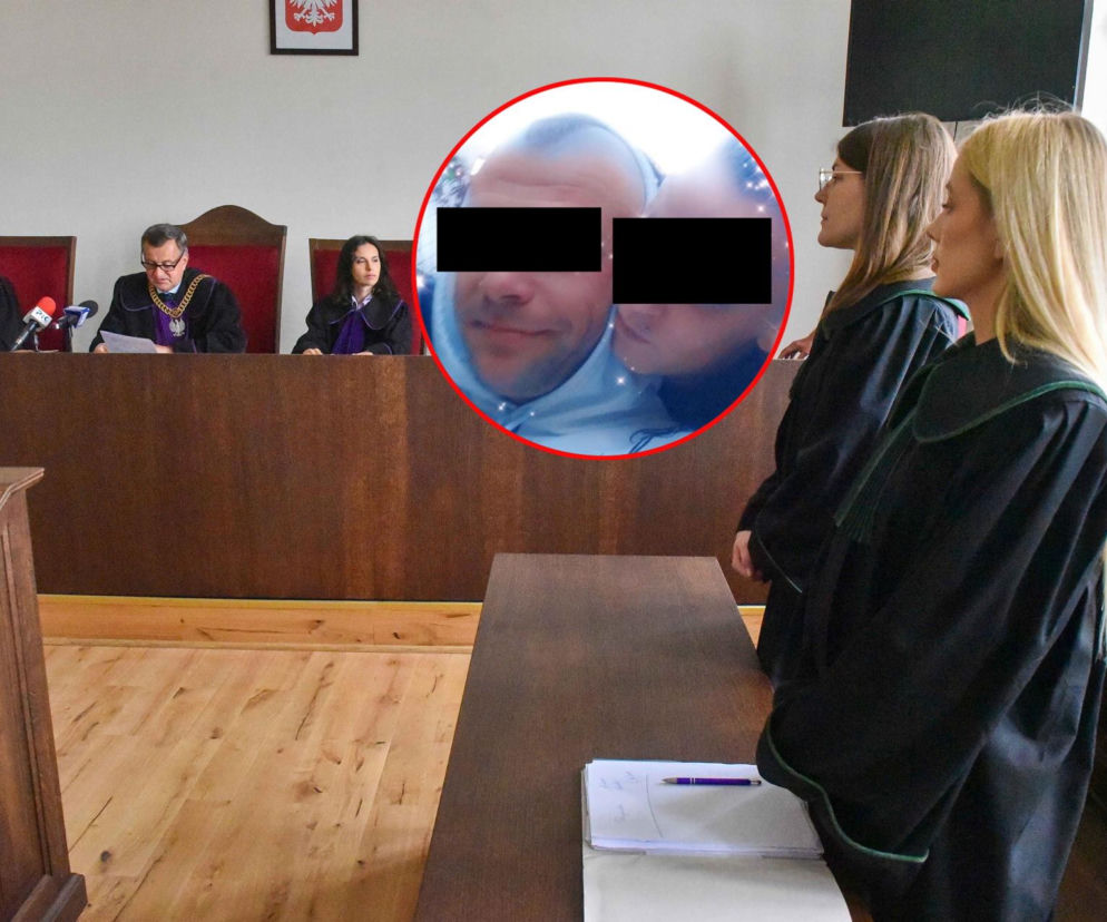 Sędziowie przy stole i oskarżona z obrończynią. Na miniaturze Fabian P. i Katarzyna B. O wyroku pisze Eska Bydgoszcz.