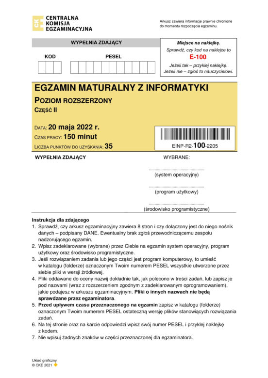 Matura 2022. Arkusz CKE - informatyka na poziomie rozszerzonym