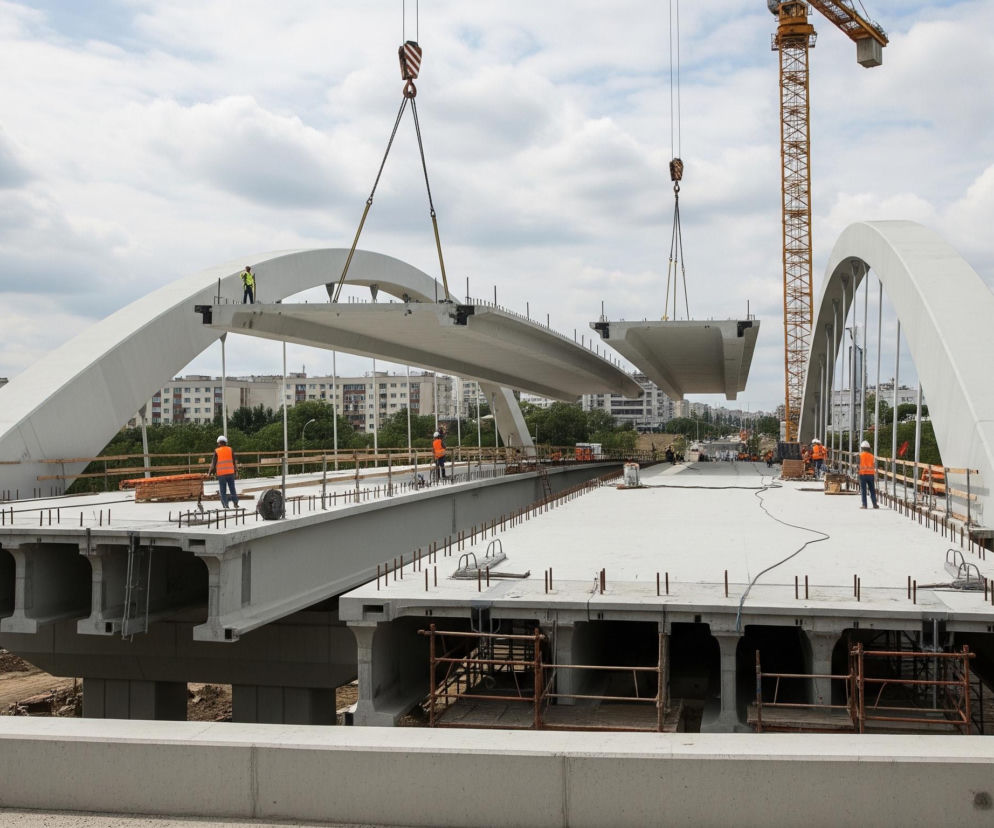 Trwa budowa mostu z białymi łukami, gdzie dwa segmenty mostu są podnoszone przez dźwigi, a robotnicy w pomarańczowych kamizelkach i białych kaskach pracują na konstrukcji. Na pierwszym planie widoczna jest szara, betonowa bariera, za którą rozciąga się nieukończony fragment mostu z odsłoniętymi zbrojeniami i elementami wsporczymi. W tle widać miejski krajobraz z budynkami i drzewami pod zachmurzonym niebem.