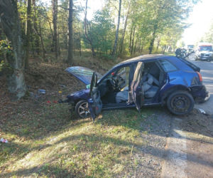 Wypadek na DK 8. Kierowca tyłem auta uderzył w drzewo. Dwie osoby w szpitalu