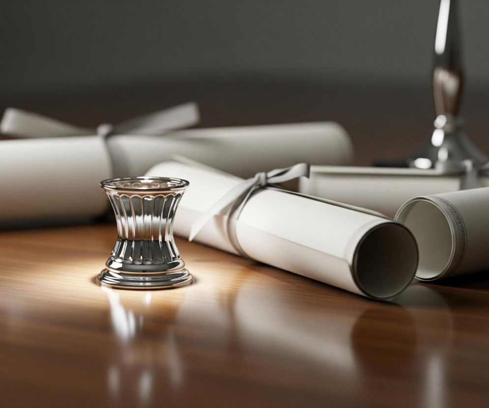 Na pierwszym planie, centralnie, stoi metalowy przedmiot o srebrnym, lśniącym wykończeniu, przypominający kałamarz lub ozdobny pojemnik z falistym, pionowym żebrowaniem. Otoczony jest on przez zwinięte zwoje dokumentów, wykonanych z jasnego, kremowego papieru lub pergaminu, przewiązane jasnymi wstążkami, leżące na lśniącej, drewnianej powierzchni o ciepłym, brązowym odcieniu. W tle, częściowo rozmyty, widoczny jest pionowy, metalowy obiekt, przypominający pióro na podstawce. Całość oświetlona jest z góry, tworząc wyraźne refleksy na metalu i drewnie, a tło jest ciemne i niewyraźne.